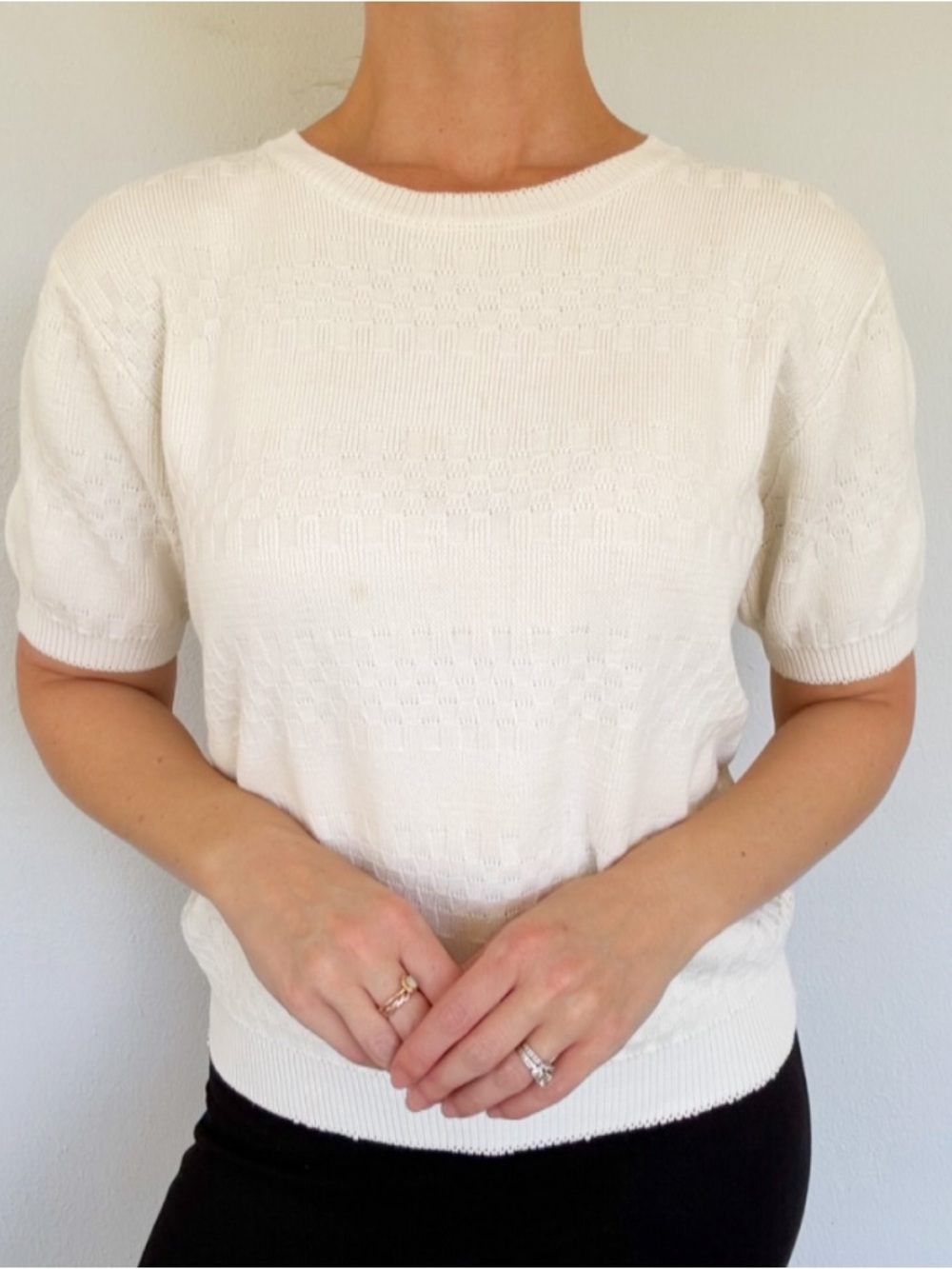 Vintage Alfred Dunner white textured knit short sleeve sweater top size small